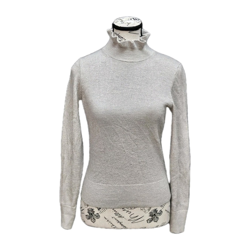 J Crew Metallic Merino Wool Ruffleneck Sweater Womens S Gray Coquette Ethereal
